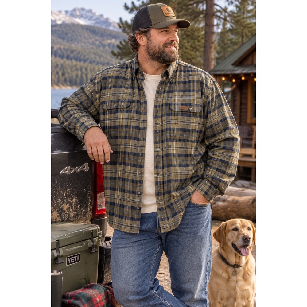 Carhartt Mens 3XL Plaid Button Down Shirt Long Sleeve Cotton Olive Green Navy